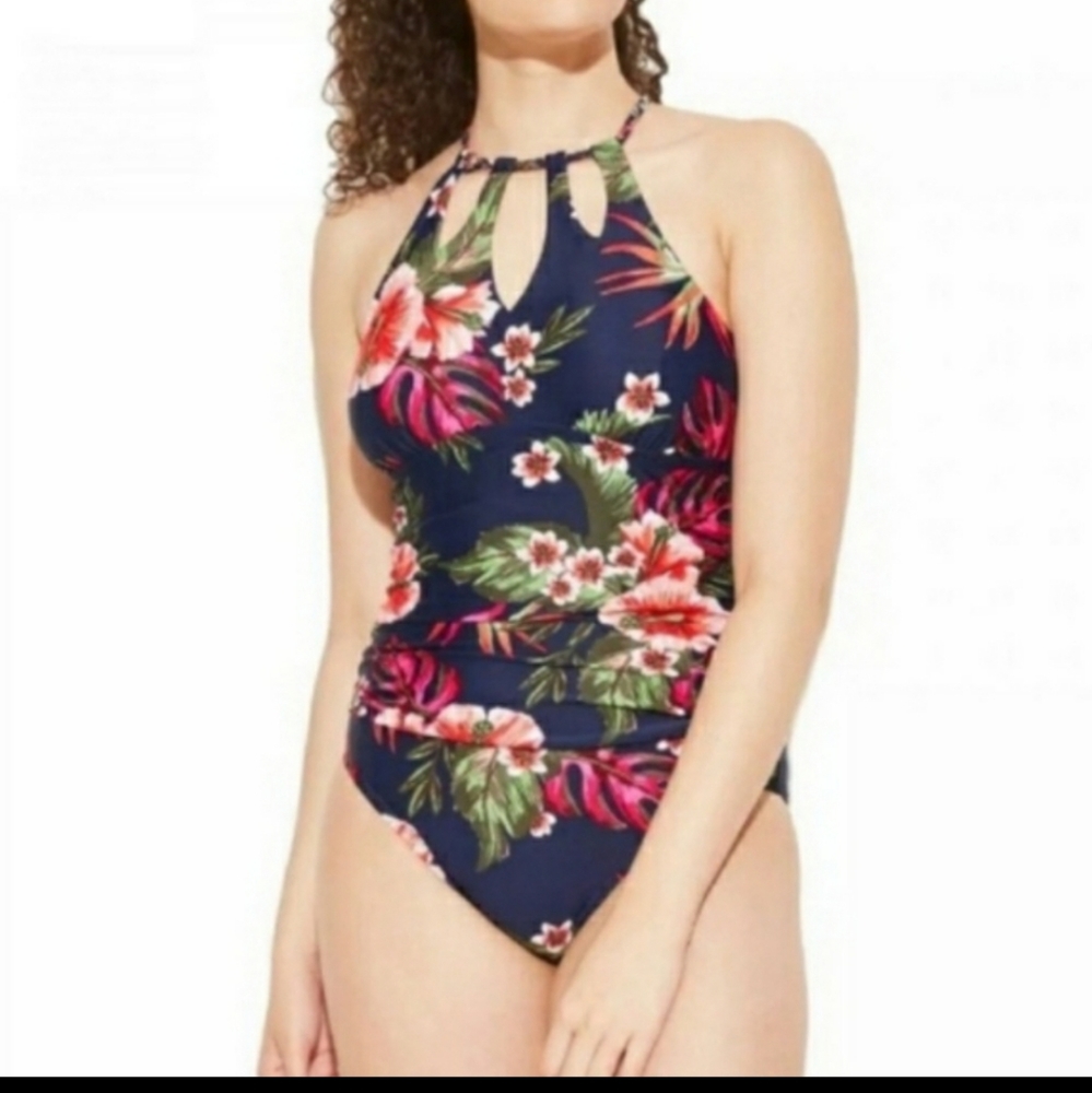 Kona Sol Swimsuit One Piece Keyhole Navy Floral Ruched Tie Open Back Bathing - Picture 3 of 7